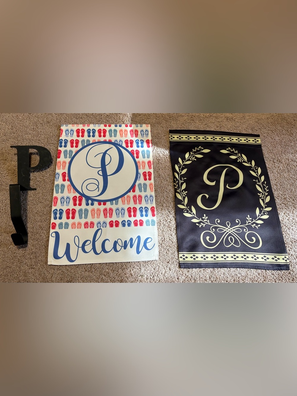 Monogram P Welcome Garden Flags and metal P hanger